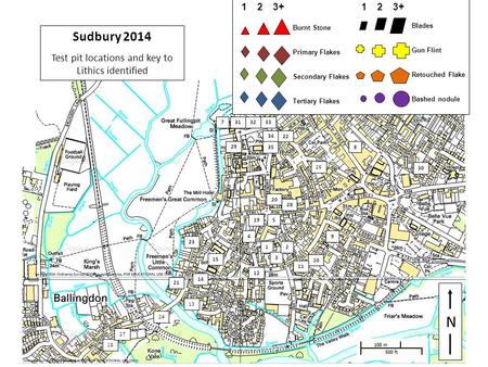 29 N 1 3 4 5 33 7 8 9 10 11 12 13 14 15 32 2 30 18 19 20 21 22 23 24 29 26 27 28 31 34 35 Sudbury 2014 Test pit locations and key to Lithics identified.