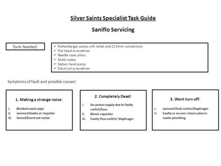 Silver Saints Specialist Task Guide Saniflo Servicing Tools Needed : Rothenberger pump with toilet and 21.5mm connections Flat head screwdriver Needle.