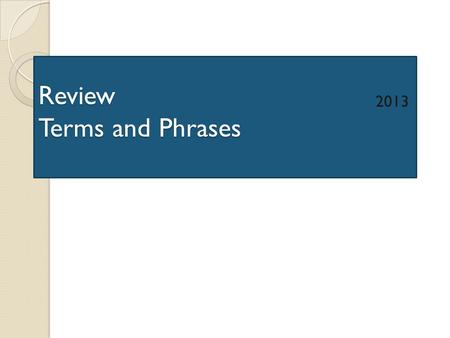 Review Terms and Phrases 2013. Parts of speech A word that takes the place of a noun Pronoun.