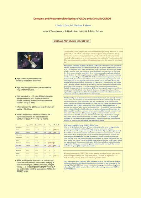 Detection and Photometric Monitoring of QSOs and AGN with COROT J. Surdej, J.Poels, J.-F. Claeskens, E. Gosset Institut d’Astrophysique et de Géophysique,