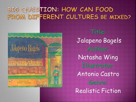 Title: Jalapeno BagelsAuthor: Natasha Wing Illustrator Illustrator: Antonio CastroGenre: Realistic Fiction.