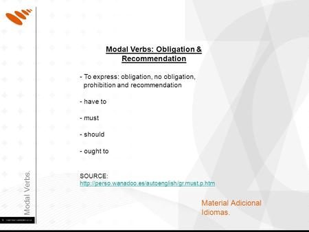 Modal Verbs. Material Adicional Idiomas. Modal Verbs: Obligation & Recommendation - To express: obligation, no obligation, prohibition and recommendation.