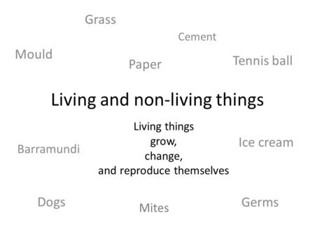 Dogs Living and non-living things Living things grow, change, and reproduce themselves Grass Paper Tennis ball Mites Germs Mould Barramundi Ice cream Cement.