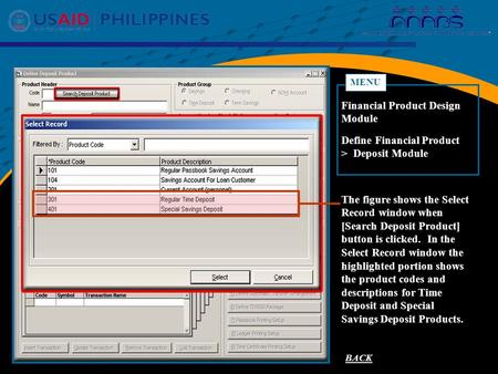 BACK Define Financial Product > Deposit Module MENU Financial Product Design Module CROSS REFERENCE FOR TD/SSD ACCOUNTS The figure shows the Select Record.