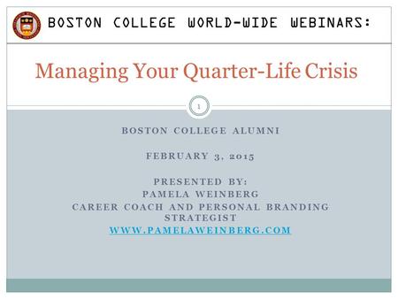 BOSTON COLLEGE ALUMNI FEBRUARY 3, 2015 PRESENTED BY: PAMELA WEINBERG CAREER COACH AND PERSONAL BRANDING STRATEGIST WWW.PAMELAWEINBERG.COM Managing Your.