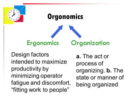 Orgonomics Ergonomics Organization Design factors intended to maximize productivity by minimizing operator fatigue and discomfort, “fitting work to people”