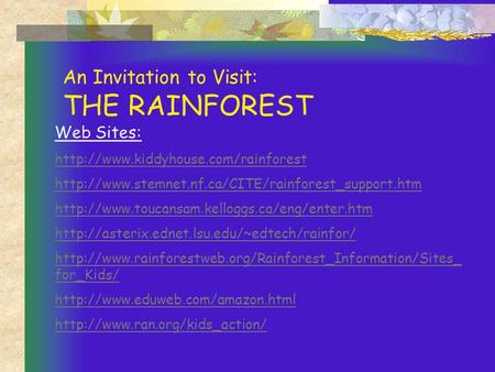 An Invitation to Visit: THE RAINFOREST Web Sites: