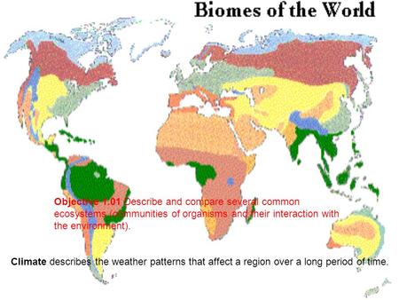 Objective 1.01 Describe and compare several common ecosystems (communities of organisms and their interaction with the environment). Climate describes.