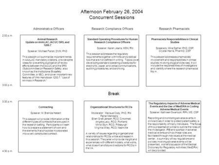 3:00 p.m. 2:00 p.m. 3:30 p.m. 4:30 p.m. Break Afternoon February 26, 2004 Concurrent Sessions Standard Operating Procedures for Human Research Compliance.