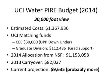 Estimated Costs: $1,367,936 UCI Matching funds – CEE $30,000 (UPP Down Under) – Graduate Division: $112,486 (Grad support) 2014 Allocation from NSF: $1,153,058.