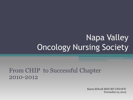 Napa Valley Oncology Nursing Society From CHIP to Successful Chapter 2010-2012 Karen Stilwell MSN RN CNS OCN November 19, 2012.