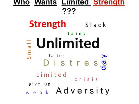 Who Wants Limited Strength ??? Strength S l a c k Unlimited D i s t r e s s L i m i t e d S m a l l A d v e r s i t y d a y f a i n t c r i s i s w e a.