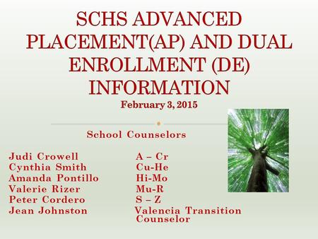 School Counselors Judi Crowell A – Cr Cynthia Smith Cu-He Amanda PontilloHi-Mo Valerie RizerMu-R Peter CorderoS – Z Jean Johnston Valencia Transition Counselor.