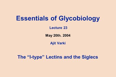 Essentials of Glycobiology Lecture 23 May 20th. 2004 Ajit Varki The “I-type” Lectins and the Siglecs.