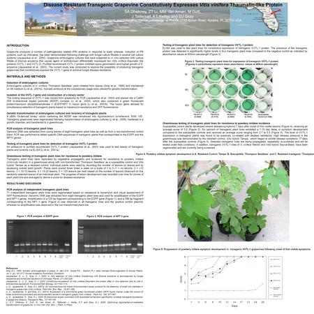 Disease Resistant Transgenic Grapevine Constitutively Expresses Vitis vinifera Thaumatin-like Protein SA Dhekney, ZT Li, MM Van Aman, M Dutt, J Tattersall,