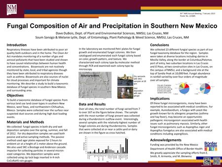 Fungal Composition of Air and Precipitation in Southern New Mexico Dave DuBois, Dept. of Plant and Environmental Sciences, NMSU, Las Cruces, NM Soum Sanogo.