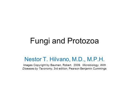 Fungi and Protozoa Nestor T. Hilvano, M.D., M.P.H. Images Copyright by Bauman, Robert. 2009. Microbiology, With Diseases by Taxonomy, 3rd edition, Pearson.