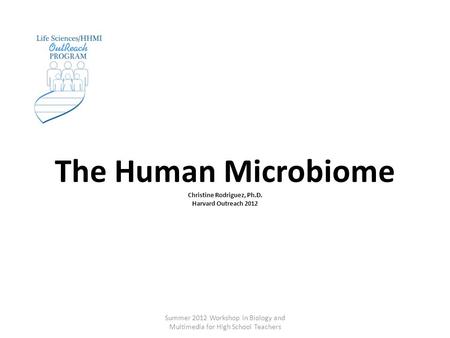 The Human Microbiome Christine Rodriguez, Ph.D. Harvard Outreach 2012 Summer 2012 Workshop in Biology and Multimedia for High School Teachers.