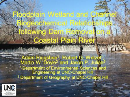 Floodplain Wetland and Channel Biogeochemical Relationships following Dam Removal on a Coastal Plain River Adam Riggsbee 1, Robert G. Wetzel 1, Martin.