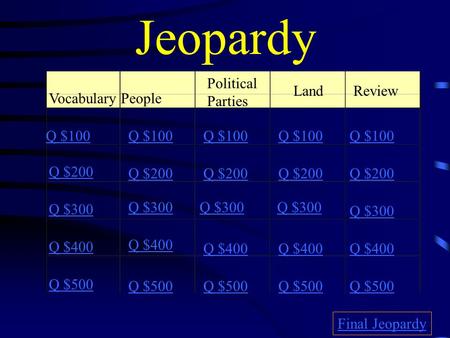 Jeopardy VocabularyPeople Political Parties Land Review Q $100 Q $200 Q $300 Q $400 Q $500 Q $100 Q $200 Q $300 Q $400 Q $500 Final Jeopardy.