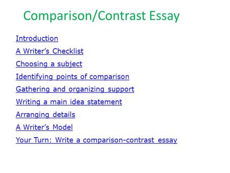 Comparison/Contrast Essay Introduction A Writer’s Checklist Choosing a subject Identifying points of comparison Gathering and organizing support Writing.