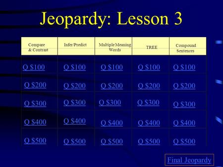 Jeopardy: Lesson 3 Q $100 Q $100 Q $100 Q $100 Q $100 Q $200 Q $200