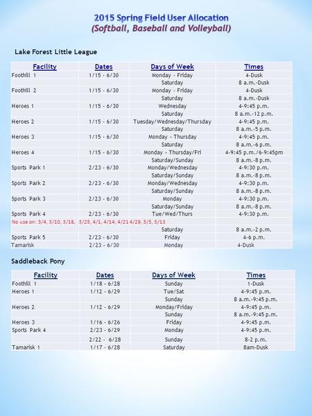 FacilityDatesDays of WeekTimes Foothill 11/15 - 6/30Monday - Friday4-Dusk Saturday8 a.m.-Dusk Foothill 21/15 - 6/30Monday - Friday4-Dusk Saturday8 a.m.-Dusk.