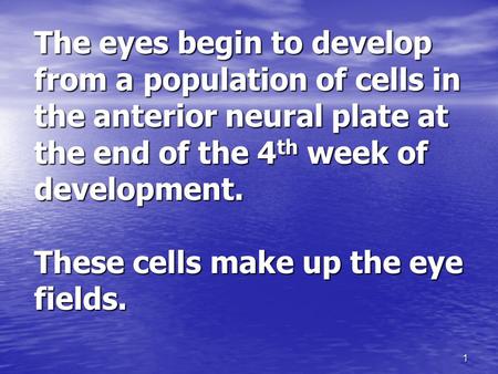 1 The eyes begin to develop from a population of cells in the anterior neural plate at the end of the 4 th week of development. These cells make up the.