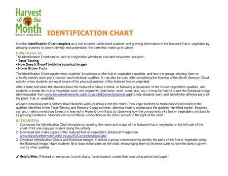 Use the Identification Chart template as a tool to better understand qualities and growing information of the featured fruit or vegetable by allowing students.