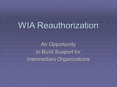 WIA Reauthorization An Opportunity to Build Support for Intermediary Organizations.