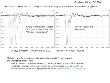 G. Visser, IU, 4/10/2014 Single-photon signals from PMT through front board and pogo pins to 30 Ω load on carrier (mockup) board 4 independent events,