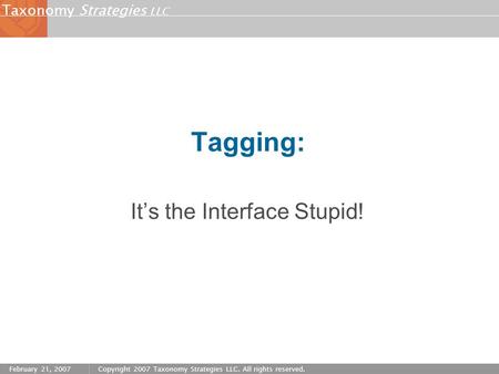 Strategies LLC Taxonomy February 21, 2007Copyright 2007 Taxonomy Strategies LLC. All rights reserved. Tagging: It’s the Interface Stupid!