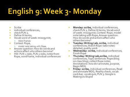  Scribe  individual conferences,  check PLN 2,  Define lit terms,  Vocab word of week: misogynist,  Word frames  Contest: Rope,  model note taking.