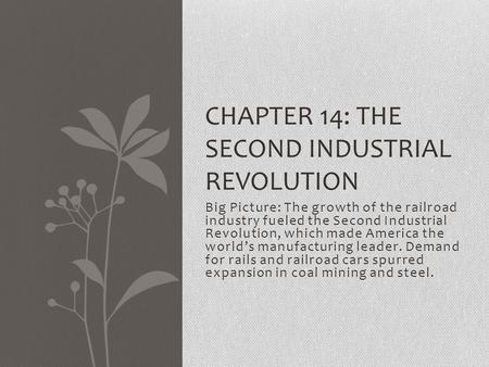 Big Picture: The growth of the railroad industry fueled the Second Industrial Revolution, which made America the world’s manufacturing leader. Demand for.