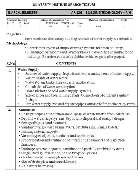 B.ARCH. SEMESTER-II AR 126 BUILDING TECHNOLOGY – P/H UNIVERSITY INSTITUTE OF ARCHITECTURE Scheme of Teaching L T P Total 2 1 0 3 Scheme of Examination.