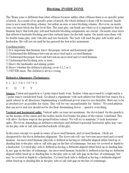 The Titans zone is different than other offenses because unlike other offenses there is no specific point of attack. As a result of no specific point of.