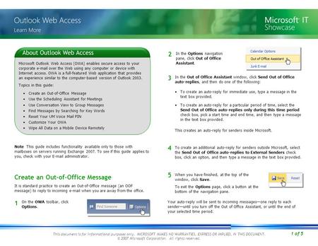 1 of 5 This document is for informational purposes only. MICROSOFT MAKES NO WARRANTIES, EXPRESS OR IMPLIED, IN THIS DOCUMENT. © 2007 Microsoft Corporation.