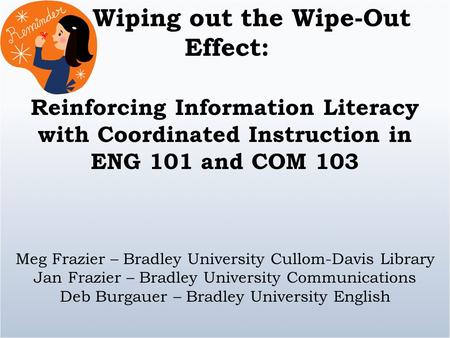 Wiping out the Wipe-Out Effect: Reinforcing Information Literacy with Coordinated Instruction in ENG 101 and COM 103 Meg Frazier – Bradley University Cullom-Davis.