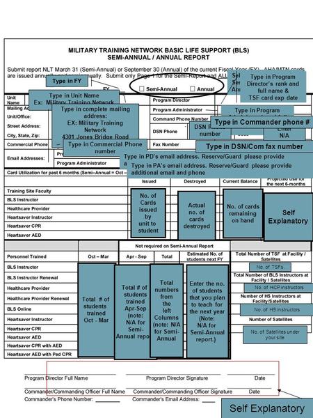 Type in FY Select whether Semi-Annual (Oct - Mar) Annual (Apr - Sep) Type in Unit Name Ex: Military Training Network Type in complete mailing address: