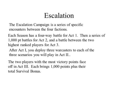 Escalation The Escalation Campaign is a series of specific encounters between the four factions. Each Season has a four-way battle for Act 1. Then a series.