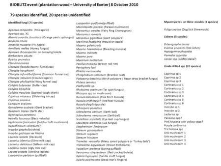 Identified fungi (73 species) Agaricus campestris (Pink agaric) Agaricus spp. X1 Aleuria aurantia /austriaca (Orange peel cup fungus) Amanita crocea Amanita.