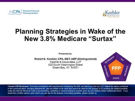 Planning Strategies in Wake of the New 3.8% Medicare “Surtax” Presented by: Robert S. Keebler, CPA, MST, AEP (Distinguished) Keebler & Associates, LLP.