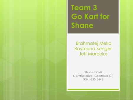 Brahmatej Meka Raymond Songer Jeff Marcelus Shane Davis 6 sunrise drive, Columbia CT (954)-850-5448 Team 3 Go Kart for Shane.