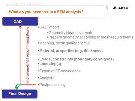 Copyright © 2009 Altair Engineering, Inc. Proprietary and Confidential. All rights reserved.  CAD import  Geometry cleanup / repair  Prepare geometry.