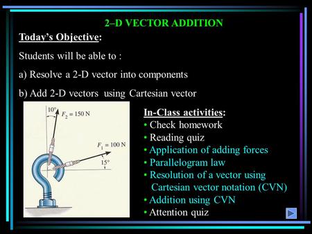 Students will be able to : a) Resolve a 2-D vector into components