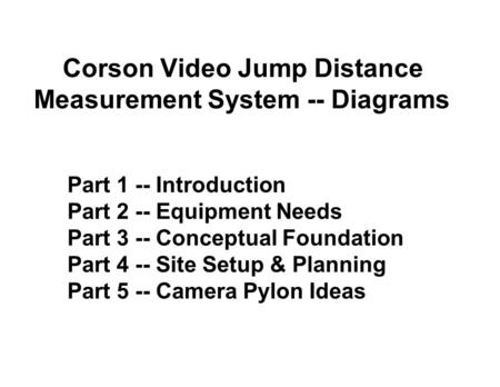 Part 1 -- Introduction Part 2 -- Equipment Needs Part 3 -- Conceptual Foundation Part 4 -- Site Setup & Planning Part 5 -- Camera Pylon Ideas Corson Video.