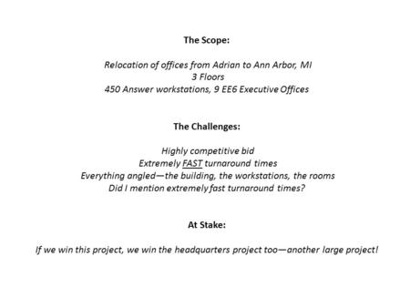 The Scope: Relocation of offices from Adrian to Ann Arbor, MI 3 Floors 450 Answer workstations, 9 EE6 Executive Offices The Challenges: Highly competitive.