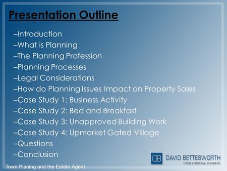 Presentation Outline –Introduction –What is Planning –The Planning Profession –Planning Processes –Legal Considerations –How do Planning Issues Impact.