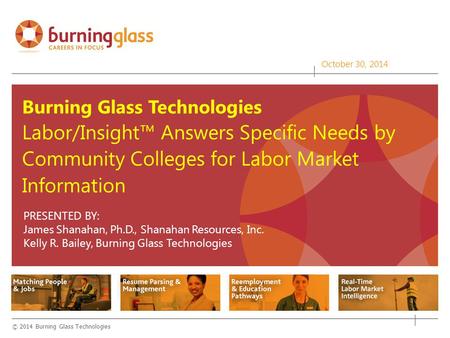 © 2014 Burning Glass Technologies Matching People & Jobs Reemployment & Education Pathways Resume Parsing & Management Real-Time Jobs Intelligence Matching.