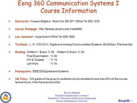 Eeng 360 Communication Systems I Course Information